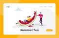 Tiny Male Characters with Huge Watermelon Landing Page Template. Summertime Leisure, People Enjoying Summer Vacation