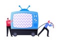 Tiny Male Characters Moving Old Television on Dump. Tv Garbage, Rubbish, Electronic Junk, Recycling