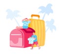 Tiny Male Characters Prepare for Travel on Tropical Country Resort. Men Tanning at Huge Luggage with Palm Trees