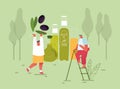 Tiny Male Characters Stand on Ladder at Huge Extra Virgin Olive Oil Glass Bottles and Carry Green Fresh Olives