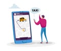 Tiny Male Customer Character Order Taxi via Smartphone App with Map. Young Man Using Application for Ordering Taxi