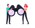 Tiny Male Female Business Characters Holding Huge Binoculars, Business Vision, Recruitment, Visionary Forecast, Research