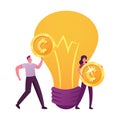 Tiny Male and Female Characters Carry Golden Money Coins at Huge Glowing Lightbulb. People Sponsoring Creative Business