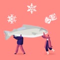 Tiny Male and Female Characters Carry Huge Frozen Fish with Snow Flakes and Ice Cubes around. Healthy Refrigerated Food