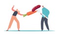 Tiny Male Female Characters Fencing with Huge Carrot and Sausage on Fork. Adherents of Healthy and Unhealthy Nutrition Royalty Free Stock Photo