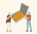 Tiny Male and Female Characters Holding Box with Huge Italian Pizza with Olives, Herbs and Sausage. Pizzeria Meal