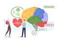 Tiny Male and Female Characters Holding Heart at Huge Human Brain Separated on Colorful Parts Temporal Lobe, Cerebellum