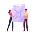 Tiny Male and Female Characters Holding Huge Canister on Gas Station for Filling Fuel into Car. Refueling Automobile Royalty Free Stock Photo