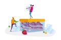 Tiny Male and Female Characters with Ice Cubes in Winter Clothing Stand on Huge Container with Frozen Meat