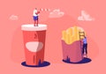 Tiny Male and Female Characters Interacting with Huge French Fries and Cup with Soda Drink. People Eating Street Fast Food in Cafe