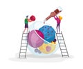 Tiny Male and Female Characters on Ladders Decorate Huge Ice Cream with Choco Topping and Raspberry. Sweet Fruit Dessert