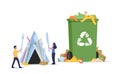 Tiny Male or Female Characters Making House of Plastic Cutlery near Huge Litter Bin with Recycling Sign and Trash around