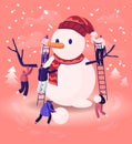 Tiny Male and Female Characters Playing on Winter Day Making Funny Snowman Standing on Ladders at Street