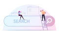 Tiny Male and Female Characters Search Information. Woman with Binoculars Sitting on Browser Interface, Man Look Forward