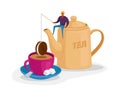 Tiny Male n Character Sitting on Huge Teapot Put Chocolate Cookie on Rod at Huge Cup with Tea, Sugar Cubes on Saucer