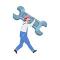 Tiny Man Carrying Huge Wrench, Plumber, Mechanic Character Cartoon Style Vector Illustration