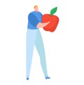 Tiny man character in hand hold juicy apple, male carry ecology organic vegetable cartoon vector illustration, isolated Royalty Free Stock Photo
