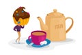 Tiny Man Character Hold Cupcake with Chocolate Topping and Sprinkles Stand at Huge Cup with Tea, Sugar Cubes and Teapot Royalty Free Stock Photo