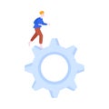 Tiny Man Character on Top of Huge Cogwheel Vector Illustration