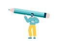 Tiny man holding big turquoise pencil over his head. Concept of search information, solution, analyze, write, journalist Royalty Free Stock Photo