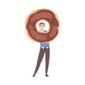 Tiny Man with Huge Chocolate Doughnut Vector Illustration
