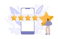 Tiny man satisfied customer give rating 5 stars on smartphone. People feedback vector illustration by giving star rating