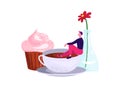 Tiny man sitting in a giant coffee cup beside a large cupcake and flower in a bottle. Relaxation, whimsy, and coffee