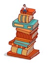 Tiny man sitting on pile of books building education