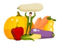 Tiny man vegeterian and healthy organic food. Adult person eating raw fresh vegetables. Vegetable for mens health