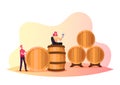 Tiny Man and Woman Characters in Vault, Man Roll Huge Wooden Barrels. Girl Hold Wineglass Drinking Red Wine in Winery Royalty Free Stock Photo