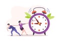 Tiny man and woman scared pulling alarm clock arrows effective time management, planning, deadlines