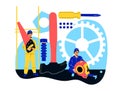 Tiny mechanics. Workers in uniform, breakage elimination process, abstract construction object, repairman with big tools