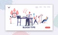 Tiny Medic Characters Working Laboratory Examining Blood Types Landing Page Template. Nurse Taking Lifeblood at Donor