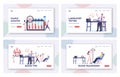 Tiny Medic Characters Working Laboratory Examining Blood Types Landing Page Template Set. Nurse Taking Donor Lifeblood