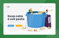 Tiny Men Cooking Pasta Landing Page Template. Characters Put Spaghetti in Huge Pan with Boiling Water Stand on Ladder Royalty Free Stock Photo