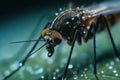 Close Encounter: Macro photo of a mosquito feeding on a leafLeafy Feast: Aedes Albopictus Mosquito Feeding on Leaf in Detailed