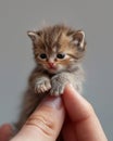 tiny miniature baby cat on a human finger , blurred background