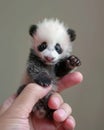 tiny miniature baby panda on a human finger , blurred background