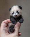 tiny miniature baby panda on a human finger , blurred background