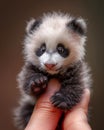 tiny miniature baby panda on a human finger , blurred background