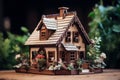Tiny Miniature wooden house at winter. Generate Ai