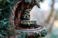 Tiny model train travels through a tree, creating a whimsical forest journey in natural light Royalty Free Stock Photo
