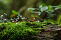 tiny molecule models on a mosscovered log, forest setting Royalty Free Stock Photo