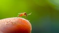 Tiny mosquito sitting on tip of a finger and sucking blood on blurred background. Macro photography. Experiment with insect Royalty Free Stock Photo