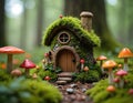Tiny moss-covered fairy house with rounded door and steps sits among red and orange toadstools in a rich green forest. Whimsical, Royalty Free Stock Photo