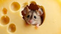 A tiny mouse hiding inside a cheese cube is a conceptual macrophotographic image of a cute rodent Royalty Free Stock Photo
