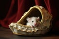 a tiny mouse inside a slipper, with a piece of fabric in its mouth, ready to nest