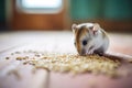 tiny mouse nibbling on birdseed on floor