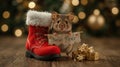 A tiny mouse in an oversized Santa boot, clutching a miniature New Year\'s banner while standing near a gift pile Royalty Free Stock Photo