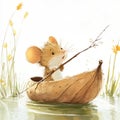 Tiny Mouse Rowing in a Boat Made of a Fallen Leaf on the Water Royalty Free Stock Photo